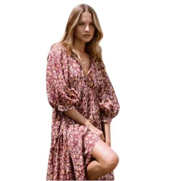 DAUGHTERS OF INDIA Kyra Midi Dress Sumac Cotton Block Print Beachy Boho 2XL XXL - Picture 1 of 9